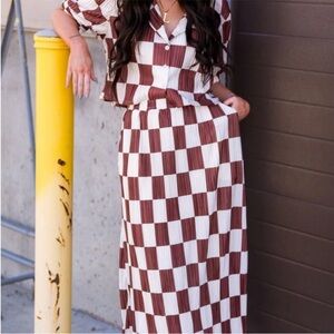Dressed in LALA Brown and White Maxi Skirt and shirt set
